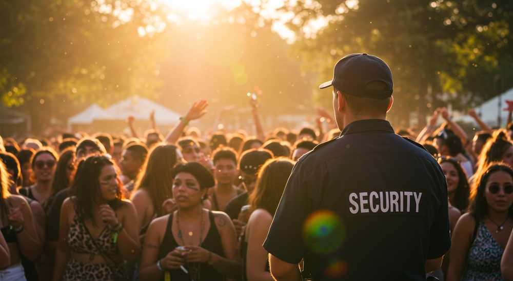 Security officer monitoring a large outdoor event crowd at golden hour