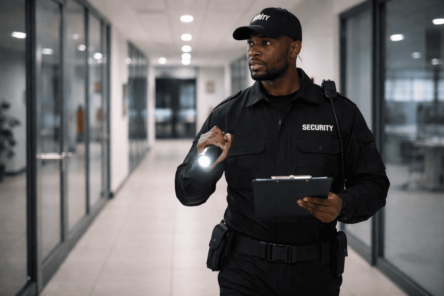 Uniformed security officer patrolling an office corridor with a flashlight and clipboard
